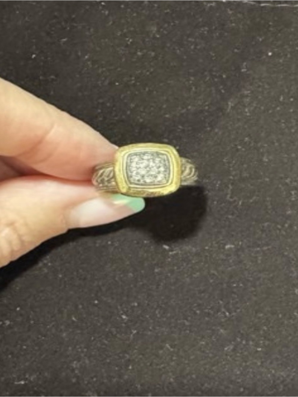 David Yurman Gold and Silver Pavé Signet Ring Size 4